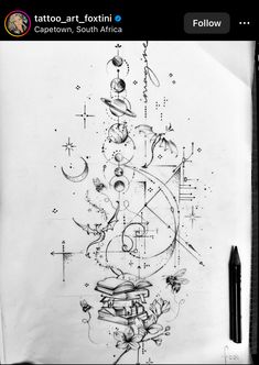 a black and white drawing of a christmas tree with stars, planets, and the moon