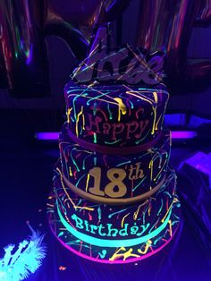 Glow in the dark cake Glow In The Dark Cake Ideas, Glow In The Dark Cake, Neon Birthday Cakes, Dark Cake, Dark Birthday, Twelfth Birthday, Birthday Sleepover