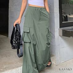 Lasaky - Womens Loose Cargo Skirt with Drawstring Closure and Flap Pockets, a Comfortable yet Stylish Maxi Skirt for Casual Wear Drawstring Dress Pants, Maxi Cargo Skirt, Casual Maxi Skirt, Split Hem Skirt, Skirt Casual, Ankle Length Skirt, Skirts Midi High Waisted, Drawstring Dresses, Long Skirts For Women