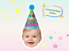 a baby is wearing a birthday hat with stars around it and the caption says happy birthday