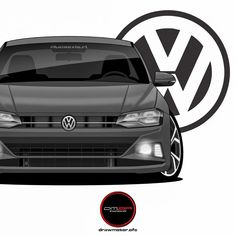 the front view of a volkswagen car in black and white with an image of the vw logo behind it