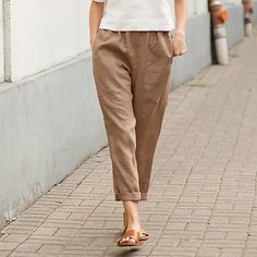 odzież damska plus size - Lniano-bawełniane damskie spodnie w dużych rozmiarach Coffee Product, Summer Closet, Casual Tees, Cotton Linen Pants, Comfortable Pants, Travel Wear, Blue Coffee, Linen Color, Loose Pants