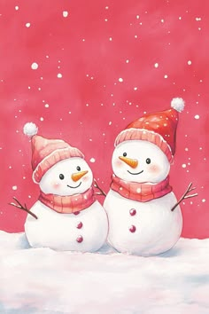 two snowmen standing next to each other in front of a red background with snow flakes