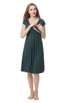 A supersoft and stretchy nightgown with a flattering surplice neckline and Empire waist is designed to adapt to your body during and after pregnancy. A hidden second layer along the neck can be moved aside for easy and discreet nursing. 37 1/2" length Surplice V-neck Short sleeves Unlined 95% rayon, 5% spandex Machine wash, tumble dry Imported Nursing Nightgown, Pajama Dress, Soft Pajamas, Surplice Neckline, After Pregnancy, Gowns Online, Preschool Outfits, Maternity Nursing, Baby Clothes Shops