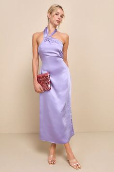 Lavender Satin Dress - Midi Slip Dress - Halter Midi Dress - Lulus Elegant Lavender Party Dress, Chic Lavender Dresses For Evening, Chic Lavender Evening Dress, Summer Formal Purple Evening Dress, Elegant Purple Satin Dress For Prom, Formal Purple Evening Dress For Summer, Elegant Purple Evening Dress For Summer, Purple Summer Formal Evening Dress, Formal Purple Satin Evening Dress