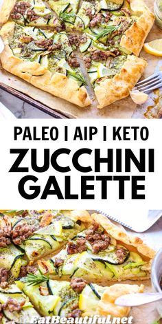 a pizza with zucchini and meat on it is shown in two different pictures