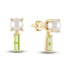 High fashion, meet Juliette Maison. These striking yet sweet mixed baguette-cut natural peridot gemstone and freshwater cultured pearl earrings were designed for when you want to feel elegant and cheeky. Fashioned in 10K yellow gold, the earrings secure in place with friction backs. Diamond Solitaire Earrings, Gold Book, Jewelry Staples, Xmas List, Jared The Galleria Of Jewelry, Maine Wedding, Freshwater Pearls Earrings, Aquamarine Stone, Peridot Gemstone