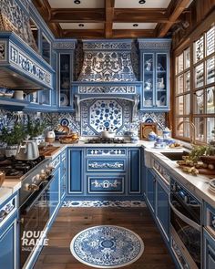 a blue and white kitchen with lots of counter space