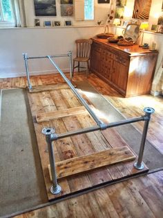 a bed frame made out of wood and metal