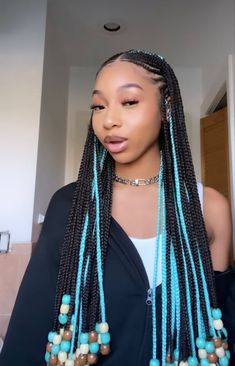 Niamonetc Braids, Fulani Braids Hairstyles Peekaboo, Cornrow Peekaboo Braids, Braid Hairstyles For Black Women Beads, Conrow In Front Box Braids In Back, Black And Blue Fulani Braids, Fulani Braids Peak A Boo, Turquoise Knotless Braids, Cute Colors For Box Braids