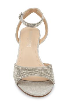 Tonal jewel embellishments amplify the glamorous appeal of an occasion-ready sandal set on a cushioned footbed and covered wedge heel. 2 1/2" heel Adjustable ankle strap with buckle closure Cushioned footbed Synthetic upper, lining and sole Imported Glamorous Evening Wedge Sandals With 4-inch Heel, Formal Synthetic Wedge Sandals With Rhinestones, Formal Wedge Sandals With Rhinestones, Formal Crystal Embellished Wedge Sandals, Formal Crystal-embellished Wedge Sandals, Elegant Silver Sandals With Cushioned Footbed, Glamorous Ankle Strap Wedge Sandals For Formal Occasions, Glamorous Formal Wedge Sandals With Ankle Strap, Glamorous Formal Ankle Strap Wedge Sandals