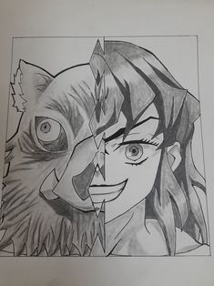 a drawing of a girl and a cat with their faces drawn in pencil on paper