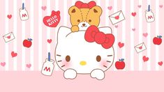 a hello kitty wallpaper with an apple and teddy bear on the top of it