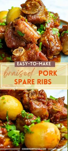 some food that is on top of a plate with the words easy to make brined pork spare ribs