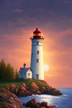 a painting of a lighthouse on top of a rocky shore with the sun setting behind it