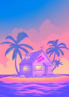 a house on an island with palm trees and the words love home written on it