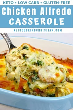 chicken alfredo casserole with broccoli and cheese in a blue baking dish