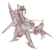 a drawing of a knight with two swords