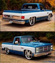 two pictures of an old blue and white truck with chrome rims, one showing the rear end