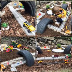 a collage of photos shows a boy playing with toy cars and trucks in the dirt