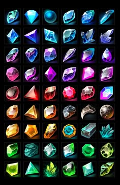 the different shapes and sizes of crystals are shown in this graphic style, with black background