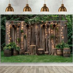 a wooden fence with lights and potted plants