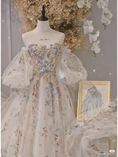 Cottage Core Ballgown, Colored Floral Lace Wedding Dress, Fluffy Wedding Gown, Wedding Dress Untraditional, Forget Me Not Wedding Dress, Ethereal Cottagecore Aesthetic, Whimsical Ball Gown, Howls Moving Castle Wedding Dress, Vintage Floral Wedding Dress