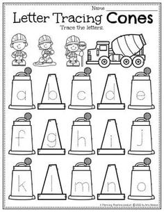 a printable worksheet for letter tracing cones with pictures of construction equipment