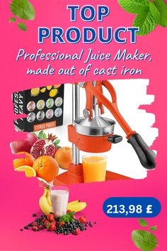 an advertisement for a juice maker made out of cast iron