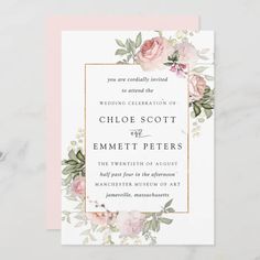 a wedding card with pink flowers and greenery