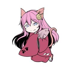 an anime character with pink hair holding a cat