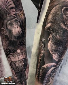 two tattoos on the arms of people with animals