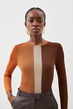 Invest In Classic Warmth This Season With This Long Sleeved Top. Crafted From Soft Viscose Knit, With A Colour Block Pattern For A Contemporay Appeal, While A Round Neck And Long Sleeves Add Additional Unmatched Comfort. Pair This Piece With A Leather Maxi Skirt And Boots For A Daytime Look.Viscose Knit Jumpercolour Block Patternlong Sleevesround Neckline Fitted Color Block Long Sleeve Sweater, Fitted Crew Neck Sweater With Color Block, Fitted Long Sleeve Color Block Sweater, Stretch Long Sleeve Color Block Sweater, Brown Crew Neck Sweater With Contrast Color, Chic Color Block Sweater For Layering, Brown Long Sleeve Sweater With Contrast Color, Modern Ribbed Long Sleeve Sweater, Brown Contrast Color Sweater