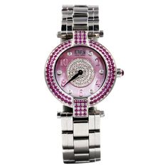 · Quality Swiss-Quartz movement guarantees precision timing · Mother-of-Pearl dial micro-paved with diamonds and gemstones enhances any dress style · Scratch-resistant sapphire glass lens · Genuine exotic leather strap or stainless-steel bracelet is stylish, comfortable, and durable · Gemological certificate; FREE fully insured shipping 0.47 CT of Diamonds and 2.81 of Pink Sapphires Accessories Pink, Blue Sapphire Diamond, Orange Sapphire, Watches Unique, Sapphire Diamond, Luxury Watch, Leather Band, Pink Sapphire, Silver Watch