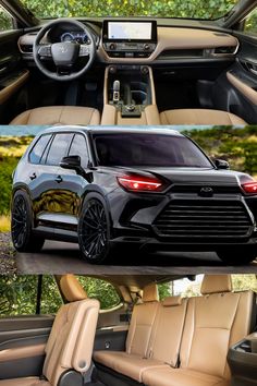 the inside and outside view of a car with leather seats, steering wheel controls and dashboard