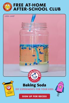 an advertisement for baking soda with a blue and yellow liquid pouring out of the jar