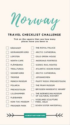 a travel checklist with the words norway on it and an arrow pointing up to the list