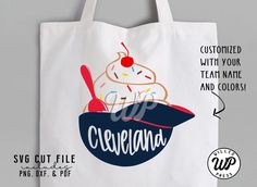 a tote bag with an ice cream cone on top and the words cleveland printed on it