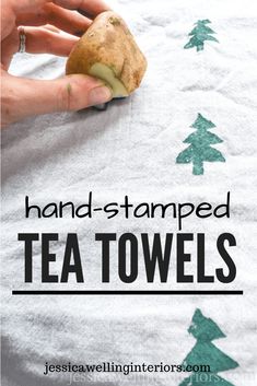 hand - stamped tea towels with trees on them and the words, handstamped tea towels