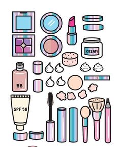 various cosmetics and makeup products are arranged in the shape of a rectangle on a white background