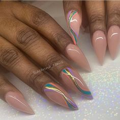 Nail designs look beautiful on Black women of any ageRegardless of the nail color or design you go withyou can be sure that it will look lovely on you. Nude Nails With Design Almond, Almond Nails Nude Design, Nude Almond Nails With Design, Nail Designs On Black Women, Swirls Nail Art, Almond Stiletto Nails, Stiletto Nail Designs, Almond Acrylic Nails Designs, Swirl Nail Art