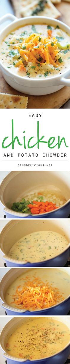 the cover of easy chicken and potato chowder with four different bowls in front of it