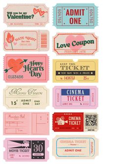 several different types of tickets with the words admit one and love coupon on them