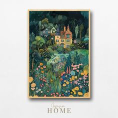 a painting on the wall of a house with flowers and trees in front of it