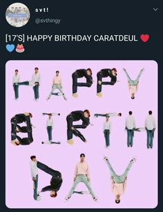 the happy birthday card is made up of people in different poses and letters that spell out happy