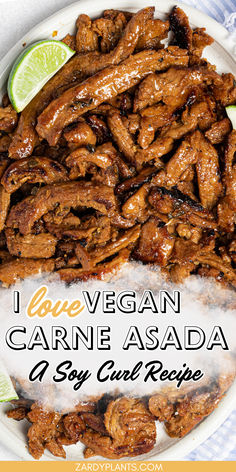 A large batch of vegan carne asada on a plater. Vegan Asada Tacos, Dr Vegan Recipes, Vegan Taco Tuesday Recipes, Vegan Recipes When Sick, Vegan Brisket Recipes, Vegan Carne Asada Tacos, Vegan Shredded Beef, Easy Vegan Mexican Recipes, Recipes With Soy Curls