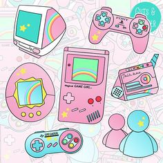 an assortment of video game related items on a pink background