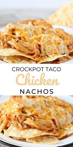 crockpot taco chicken nachos on a white plate with text overlay