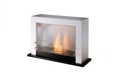 a white wall mounted fireplace with flames in it