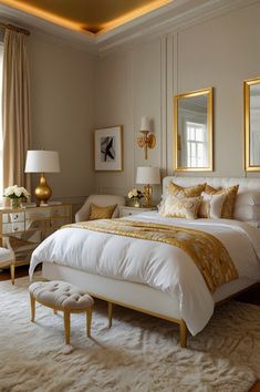 a large white bed sitting in a bedroom next to two lamps on either side of it